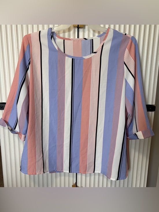 SHEIN Tops - SHEIN Pastel Multistripe Round-Neck Blouse - Pink, Blue & White